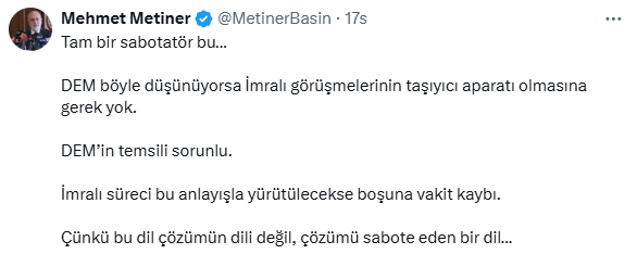 Harsh response to the İmralı threat from DEM Party member by AK Party's Mehmet Metiner