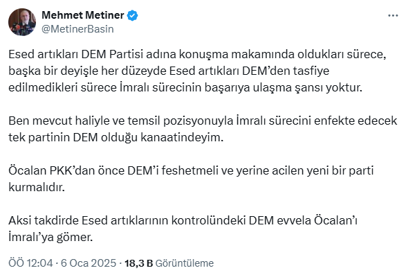 Harsh response to the İmralı threat from DEM Party member by AK Party's Mehmet Metiner