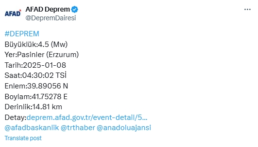 Az önce deprem mi oldu? 8 Ocak en son depremler kaç şiddetinde oldu?