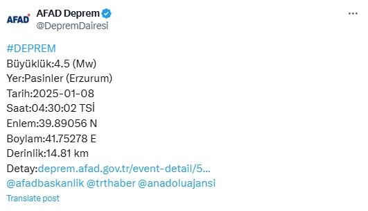 ERZURUM'DA DEPREM! Erzurum'da deprem mi oldu, kaç şiddetinde? 8 Ocak Erzurum'da nerede deprem oldu? ERZURUM'DA DEPREM! Erzurum'da deprem mi oldu, kaç şiddetinde? 8 Ocak Erzurum'da nerede deprem oldu?