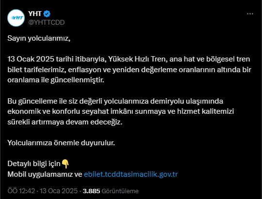 YHT biletleri ne kadar, kaç TL oldu? 2025 YHT biletlerine zam geldi mi?