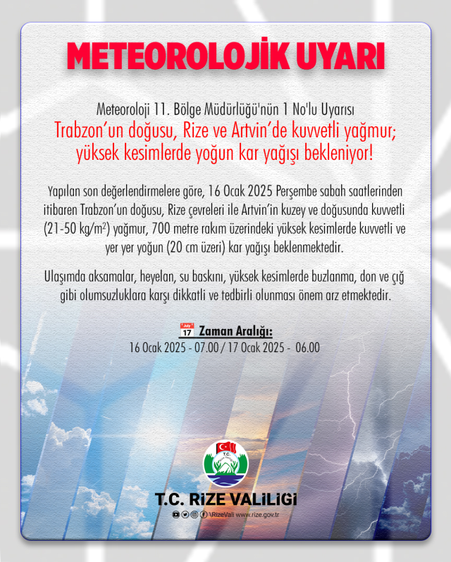 Rize okullar tatil mi? 16 Ocak Perşembe Rize'de okul yok mu (Valilik Açıklaması)?