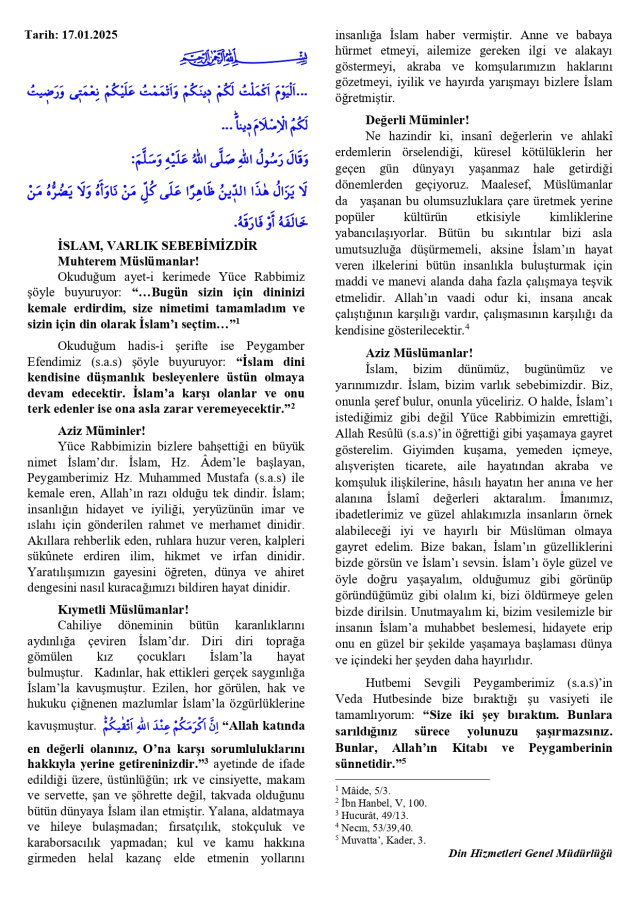 17 Ocak Cuma Hutbesi yayınlandı! 17 Ocak Cuma Hutbesi tam metni! 17 Ocak Cuma Hutbesi yayınlandı! 17 Ocak Cuma Hutbesi tam metni!
