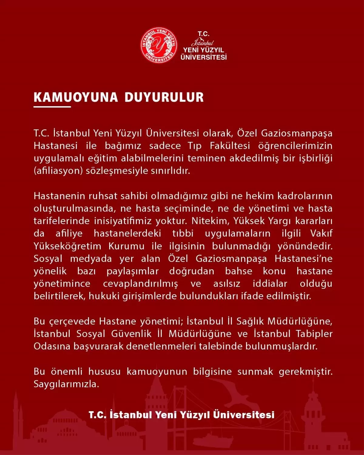 İstanbul Yeni Yüzyıl Üniversitesi'nden Gaziosmanpaşa Hastanesi Açıklaması