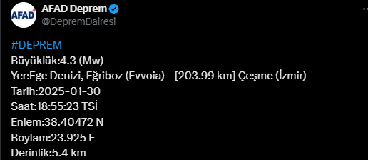 Earthquake of magnitude 4.3 off the coast of İzmir