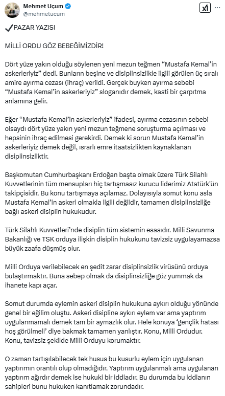 Statement by Erdoğan's chief advisor Uçum regarding the expulsion of 5 lieutenants