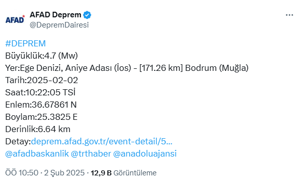 Muğla açıklarında 4,7 büyüklüğünde deprem Muğla açıklarında 4,7 büyüklüğünde deprem