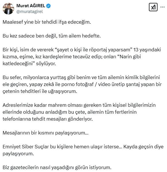 Threat to journalist Murat Ağırel through his wife and daughter: I will kill them like Narin