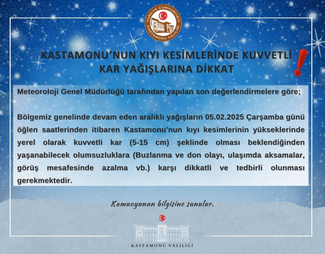 Kastamonu okullar tatil mi SON DAKİKA? 5 Şubat Çarşamba Kastamonu'da okul yok mu ( Kastamonu Valiliği Açıklaması – KAR TATİLİ)?