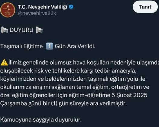 Nevşehir okullar tatil mi SON DAKİKA? 5 Şubat Çarşamba Nevşehir'de okul yok mu (Nevşehir Valiliği Açıklaması – KAR TATİLİ)?