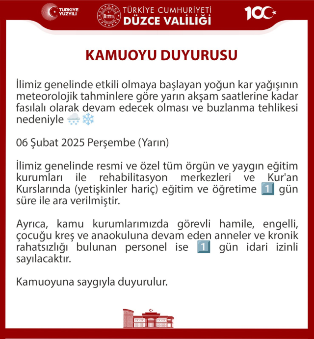 Düzce okullar tatil mi SON DAKİKA? 6 Şubat Perşembe Düzce 'de okul yok mu (Düzce Valiliği Açıklaması – KAR TATİLİ)?