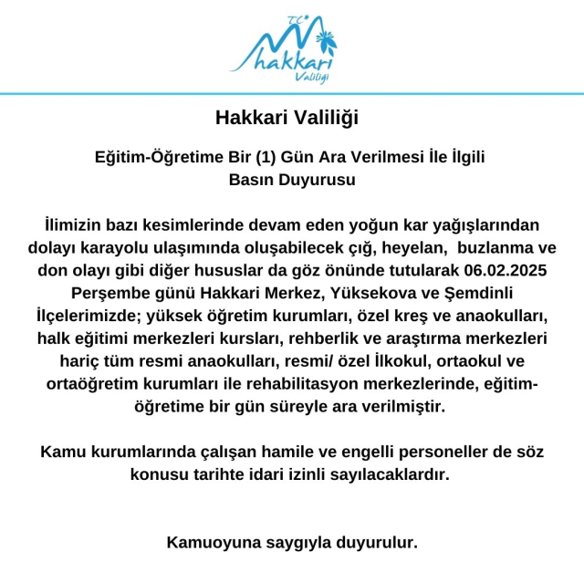 Hakkari okullar tatil mi SON DAKİKA? 6 Şubat Perşembe Hakkari'de okul yok mu (Hakkari Valiliği Açıklaması – KAR TATİLİ)? Hakkari okullar tatil mi SON DAKİKA? 6 Şubat Perşembe Hakkari'de okul yok mu (Hakkari Valiliği Açıklaması – KAR TATİLİ)?