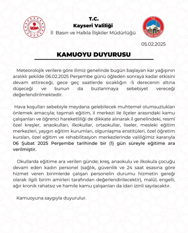 Kayseri okullar tatil mi SON DAKİKA? 6 Şubat Perşembe Kayseri'de okul yok mu (Kayseri Valiliği okullar tatil mi, Açıklaması – KAR TATİLİ)?