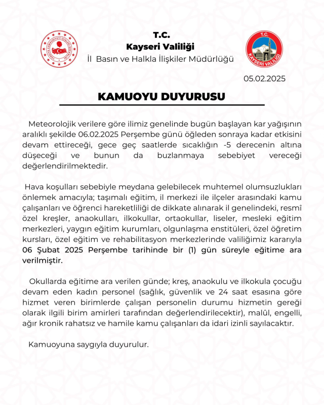 Kayseri okullar tatil mi SON DAKİKA? 6 Şubat Perşembe Kayseri'de okul yok mu (Sivas Valiliği Açıklaması – KAR TATİLİ)?