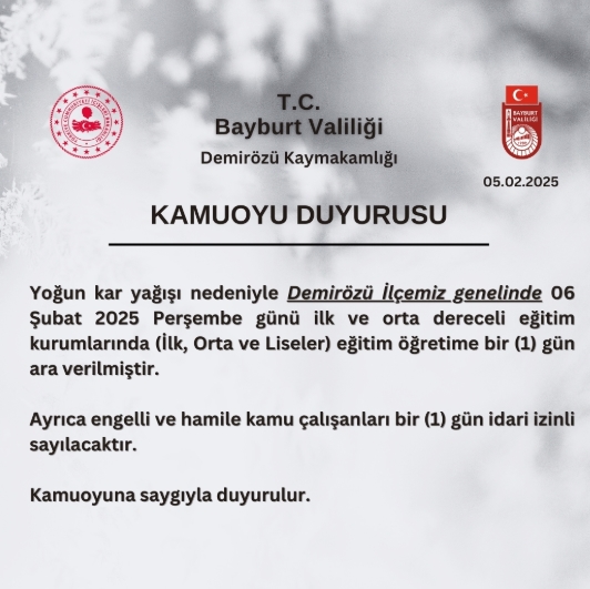 Bayburt okullar tatil mi? SON DAKİKA 6 Şubat Perşembe Bayburt'ta okul yok mu (Bayburt Valiliği Açıklaması – KAR TATİLİ)?