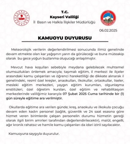Kayseri okullar tatil mi SON DAKİKA? 7 Şubat Cuma Kayseri okul yok mu (Kayseri Valiliği KAR TATİLİ AÇIKLAMASI)?