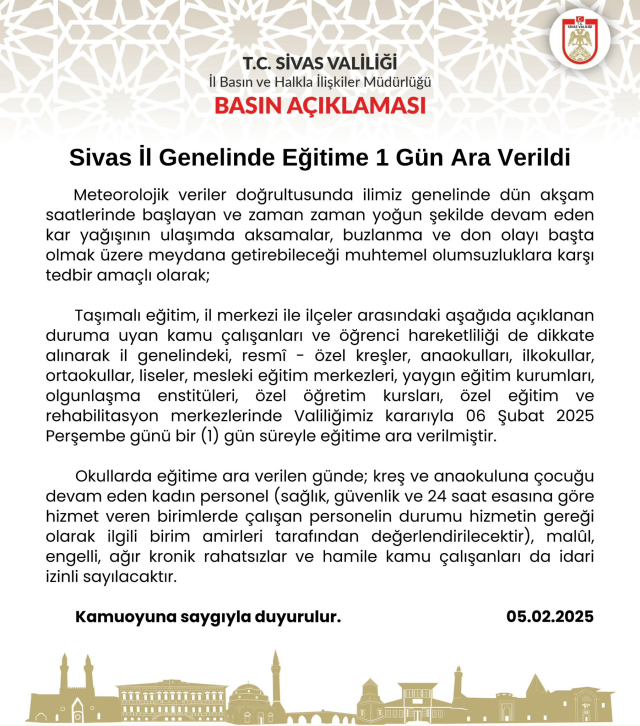Sivas okullar tatil mi SON DAKİKA? 6 Şubat Perşembe Sivas okul yok mu (Sivas Valiliği Açıklaması – KAR TATİLİ)?