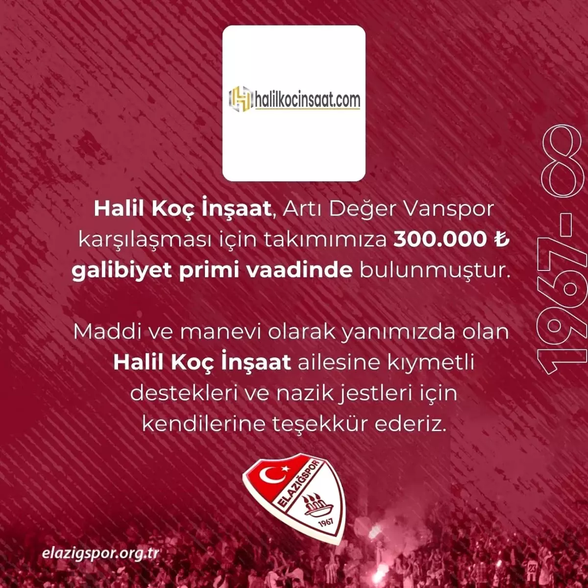 Elazığspor'a İnşaat Firmasından 300 Bin Lira Prim Desteği