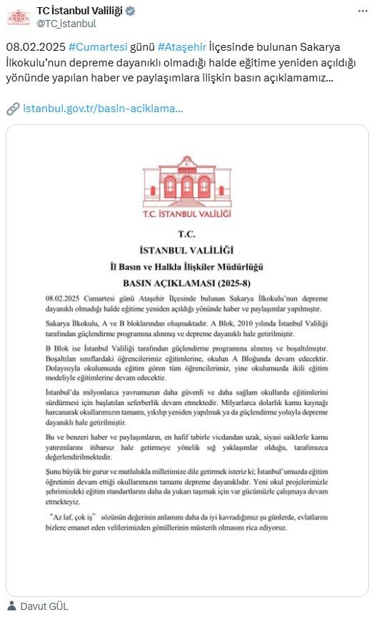 Statement from the Istanbul Governorship regarding Sakarya Primary School