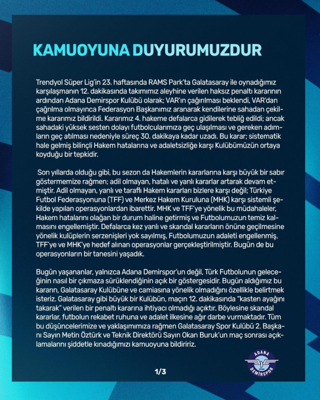 Adana Demirspor's midnight statement regarding the match against Galatasaray