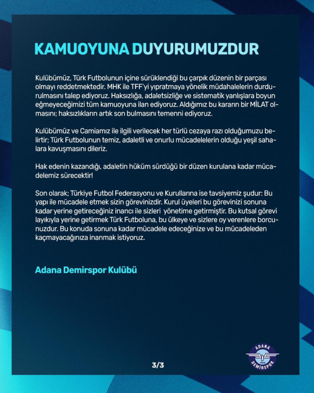 Adana Demirspor's midnight statement regarding the match against Galatasaray