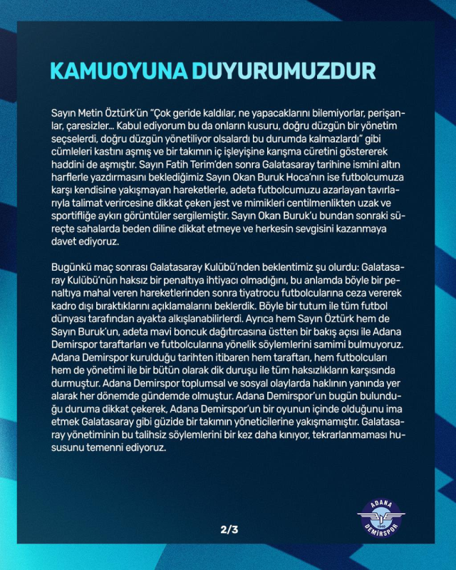 Adana Demirspor's midnight statement regarding the match against Galatasaray