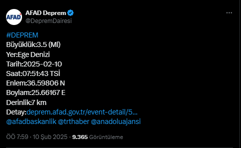 Ege Denizi son depremler! 10 Şubat Ege Denizi'nde deprem mi oldu?