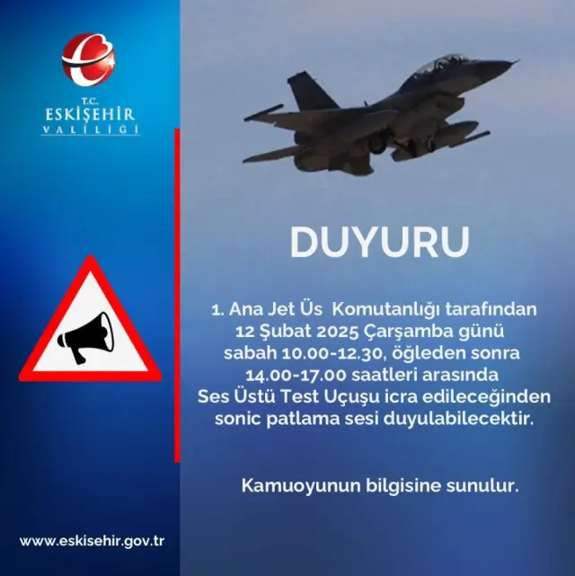 Warning for sonic boom sound in Eskişehir