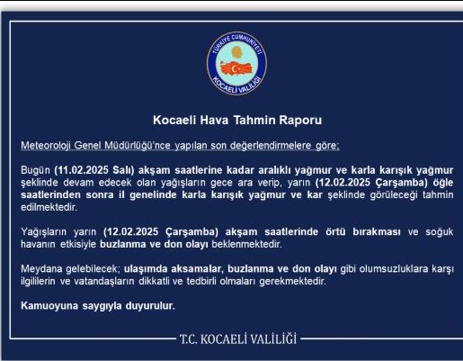 Kocaeli okullar tatil mi SON DAKİKA? 12 Şubat Çarşamba Kocaeli'de okul yok mu (Kocaeli Valiliği Açıklaması – KAR TATİLİ)?