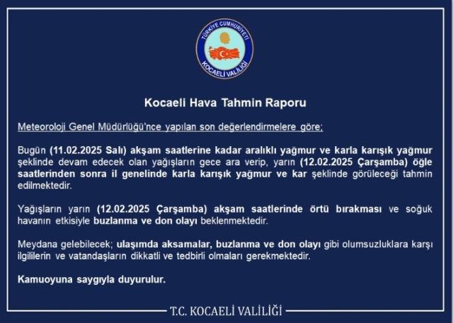 Kocaeli okullar tatil mi SON DAKİKA? 12 Şubat Çarşamba Kocaeli'de okul yok mu (Kocaeli Valiliği Açıklaması – KAR TATİLİ)?