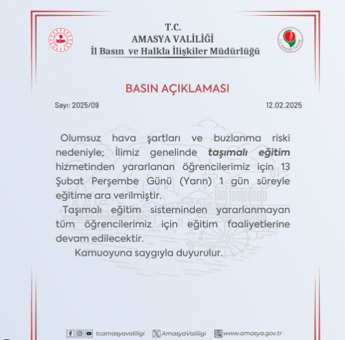 Amasya okullar tatil mi SON DAKİKA? 13 Şubat Perşembe Amasya'da okul yok mu (Amasya Valiliği Açıklaması – KAR TATİLİ)?