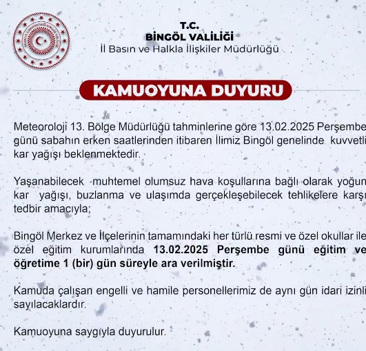 Bingöl okullar tatil mi SON DAKİKA? 13 Şubat Perşembe Bingöl'de okul yok mu - 1 GÜN TATİL (Bingöl Valiliği Açıklaması – KAR TATİLİ)? Bingöl okullar tatil mi SON DAKİKA? 13 Şubat Perşembe Bingöl'de okul yok mu - 1 GÜN TATİL (Bingöl Valiliği Açıklaması – KAR TATİLİ)?