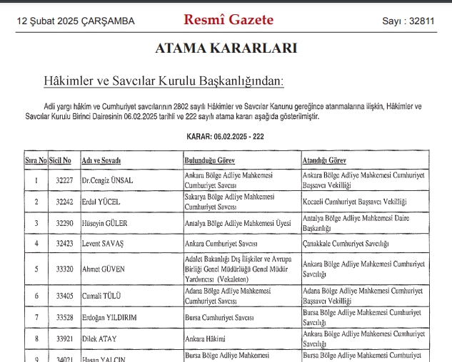 HSK atama kararnamesi 12 Şubat Çarşamba yayınlandı! Hakim ve Savcılar atama kararları PDF indir, OKU!