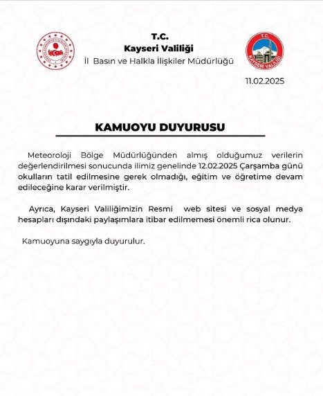 Kayseri okullar tatil mi SON DAKİKA? 12 Şubat Çarşamba Kayseri'de okul yok mu (Kayseri Valiliği Açıklaması – KAR TATİLİ)?