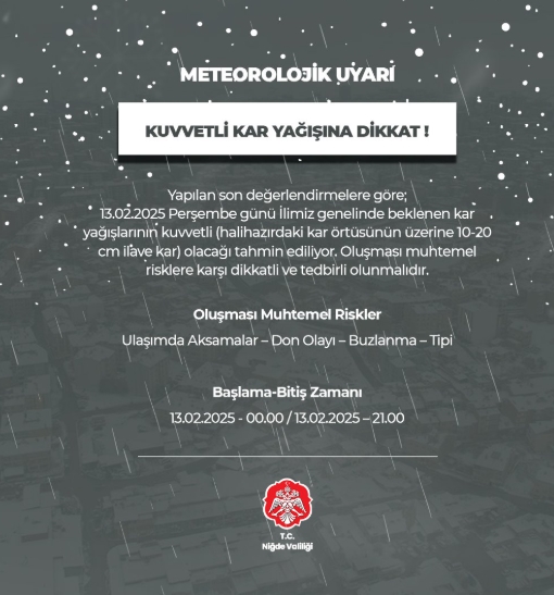Niğde okullar tatil mi SON DAKİKA? 13 Şubat Perşembe Niğde'de okul yok mu (Niğde Valiliği Açıklaması – KAR TATİLİ)?