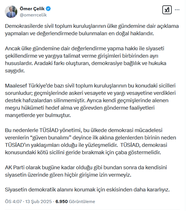 AK Party Spokesperson Çelik's strong reaction to TÜSİAD: They should make an effort to leave their poor record behind