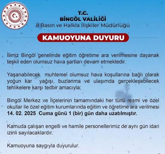 Bingöl okullar tatil mi SON DAKİKA? 14 Şubat Cuma Bingöl okul yok mu (Bingöl Valiliği Açıklaması – KAR TATİLİ)? Bingöl okullar tatil mi SON DAKİKA? 14 Şubat Cuma Bingöl okul yok mu (Bingöl Valiliği Açıklaması – KAR TATİLİ)?
