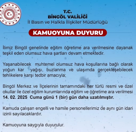 Bingöl okullar tatil mi SON DAKİKA? 14 Şubat Cuma Bingöl okul yok mu (Bingöl Valiliği Açıklaması – KAR TATİLİ)?