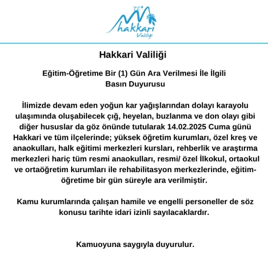 Hakkari okullar tatil mi SON DAKİKA? 14 Şubat Cuma Hakkari okul yok mu (Hakkari Valiliği Açıklaması – KAR TATİLİ)?
