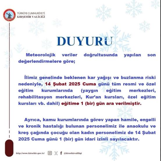 Kırşehir okullar tatil mi SON DAKİKA? 14 Şubat Cuma Kırşehir okul yok mu (Kırşehir Valiliği Açıklaması – KAR TATİLİ)?
