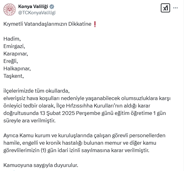 Konya okullar tatil mi SON DAKİKA? 13 Şubat Perşembe Konya okul yok mu (Konya Valiliği Açıklaması – KAR TATİLİ)? Konya okullar tatil mi SON DAKİKA? 13 Şubat Perşembe Konya okul yok mu (Konya Valiliği Açıklaması – KAR TATİLİ)?