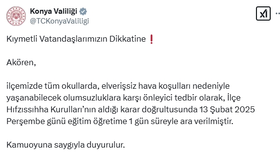 Konya okullar tatil mi SON DAKİKA? 13 Şubat Perşembe Konya okul yok mu (Konya Valiliği Açıklaması – KAR TATİLİ)? Konya okullar tatil mi SON DAKİKA? 13 Şubat Perşembe Konya okul yok mu (Konya Valiliği Açıklaması – KAR TATİLİ)?