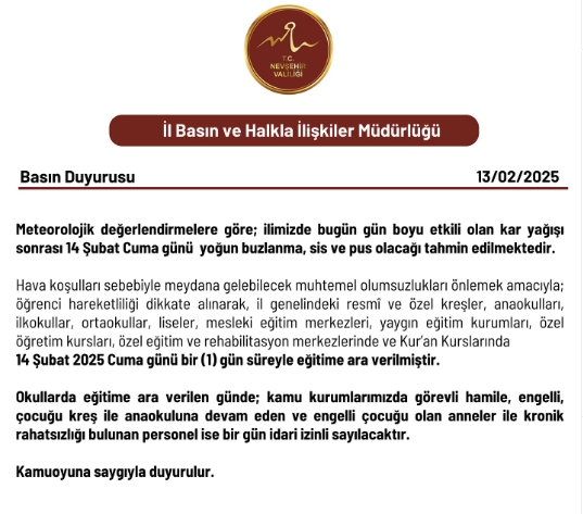 Nevşehir okullar tatil mi SON DAKİKA? 14 Şubat Cuma Nevşehir okul yok mu (Nevşehir Valiliği Açıklaması – KAR TATİLİ)?