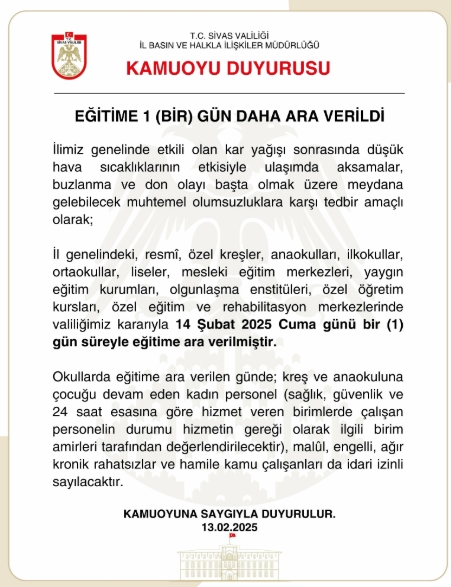 Sivas okullar tatil mi SON DAKİKA? 14 Şubat Cuma Sivas okul yok mu (Sivas Valiliği Açıklaması – KAR TATİLİ)? Sivas okullar tatil mi SON DAKİKA? 14 Şubat Cuma Sivas okul yok mu (Sivas Valiliği Açıklaması – KAR TATİLİ)?