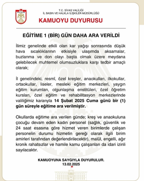 Sivas okullar tatil mi SON DAKİKA? 14 Şubat Cuma Sivas okul yok mu (Sivas Valiliği Açıklaması – KAR TATİLİ)?