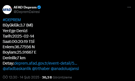 Ege Denizi son depremler! 14 Şubat Ege Denizi'nde deprem oldu mu?