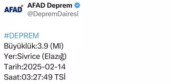 Elazığ'da 3.9 Büyüklüğünde Deprem