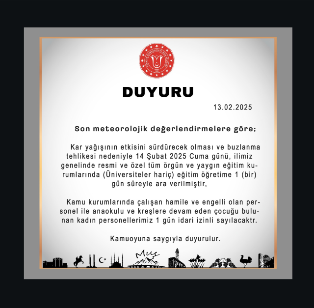 Muş okullar tatil mi SON DAKİKA? 14 Şubat Cuma Muş okul yok mu (Muş Valiliği Açıklaması – KAR TATİLİ)?