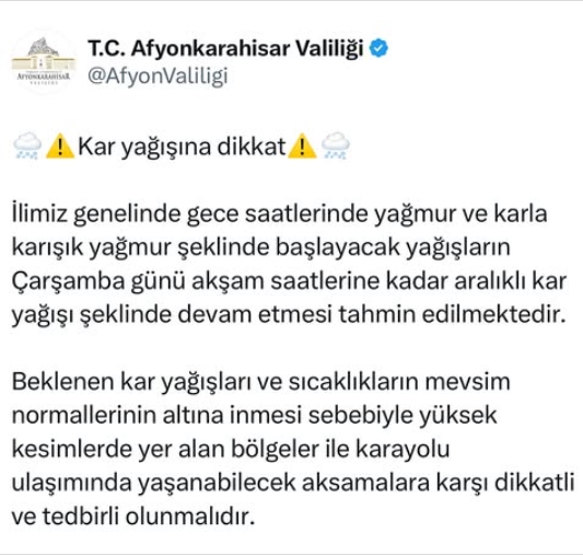 Afyon okullar tatil mi SON DAKİKA? 18 Şubat Salı Afyon okul yok mu (Afyon Valiliği KAR TATİLİ AÇIKLAMASI)?