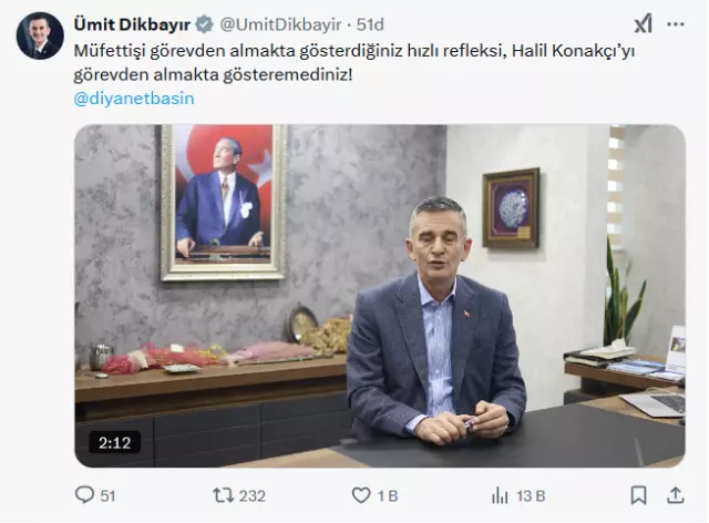 Claim that the Diyanet inspector was dismissed regarding the investigation of Halil Konakcı